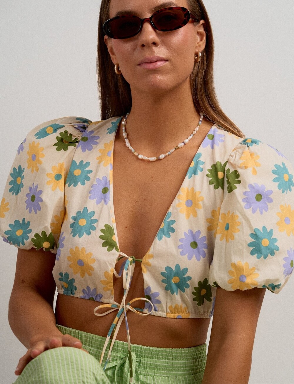 NWT J.Ing Floral Tie-Front Puff Sleeve Crop Top Size: XS